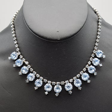 60's blue rhinestone silver tone metal Hollywood Regency bib necklace, mid-century prong set icy bling crystal statement 