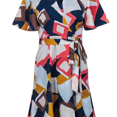 Hutch - Light Blue, Navy, & Coral Sleeve Abstract Print Wrap Dress Sz MP