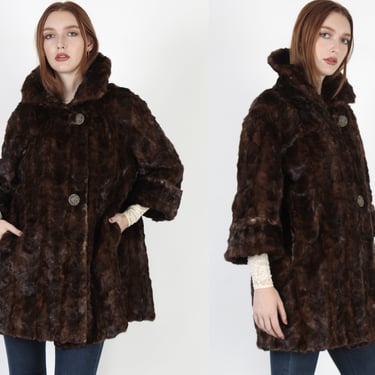 Feathered Dark Brown Mink Fur Coat / Vintage 50s Real Fur Cropped Jacket / Patchwork Full Collar Cuff Sleeve Jacket With Pockets 