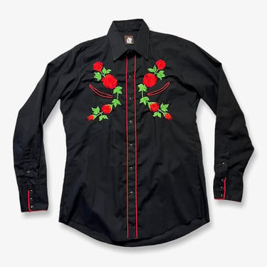 Vintage KARMAN Western Shirt ~ M to L ~ Cowboy ~ Rockabilly / Ranch Wear ~ Snap Button ~ Rose Embroidery ~ 