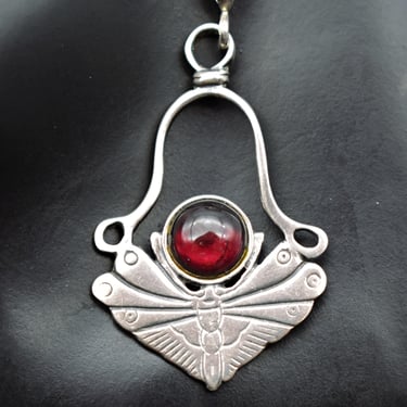 Vintage sterling garnet Arts & Crafts style butterfly pendant, K 925 silver red cab moth necklace 