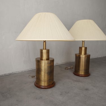 1970's Pair of Aged Brass Canister Table Lamps by Frederick Cooper 