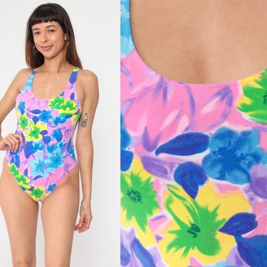 Floral Bathing Suit 90s One Piece Swimsuit Tropical Swim Suit Retro Low Open Back Bright Flower Print Pink Purple Blue Vintage 1990s Medium 