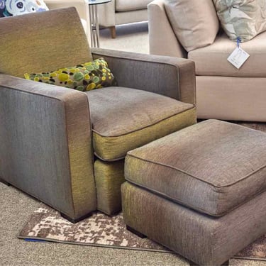 Chartreuse Green & Grey Upholstered Chair W/ Ottoman