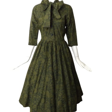 1950s Green Wool Print Dress, Size 4