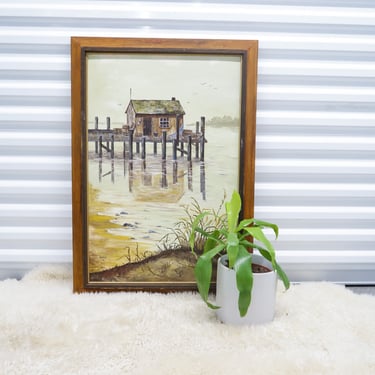 Framed Wall Art Artist Signed Dock Painting of Waterscape Vintage Painting Living Room Wall Art 
