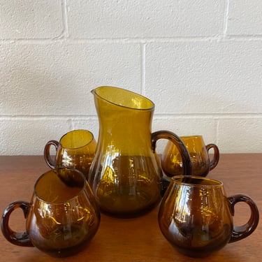 Vintage Blenko-Like Asymmetrical Amber Glass Mugs & Pitcher