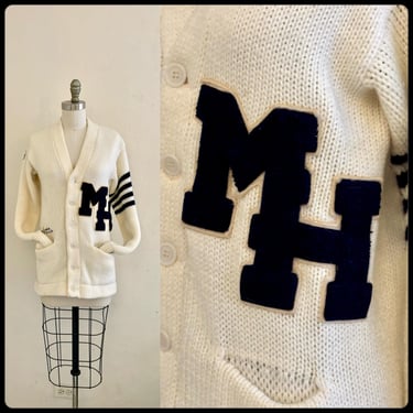 vintage 1979 cream MH Varsity letterman unisex sweater cardigan 