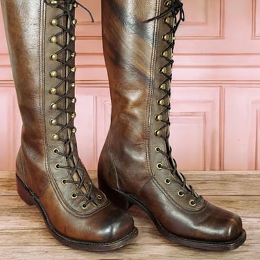 1960s lace-up boots vintage Bort Carleton tall leather speed lacing marbled brown color texture unique design antiquey edwardian (7.5) 