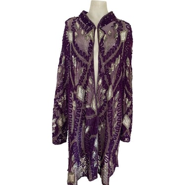Vintage PURPLE sequin duster, beaded sequin jacket, purple embellished Art Deco sequin coat sheer abstract cocktail coat medium large 