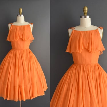 1950s dress | Outstanding Orange Fluttery Chiffon Full Skirt Summer Dress | XS | 50s vintage dress 