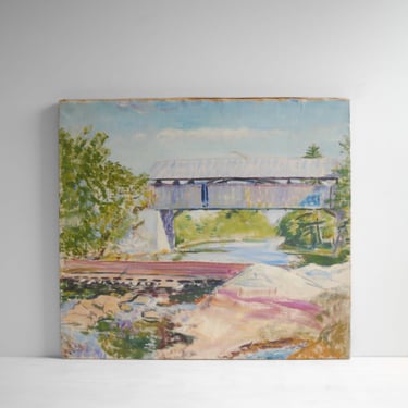 Vintage Covered Bridge over River Painting, Oil on Linen Original Painting 