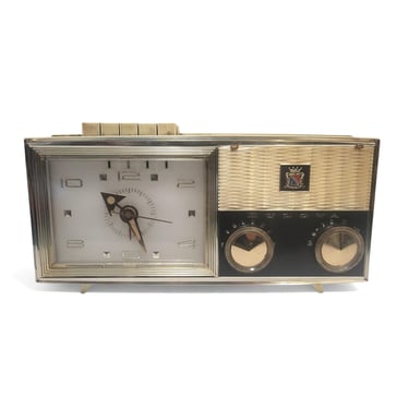 1950s Vintage Bulova Watch Company Clock Radio, Model 180 Series, Tube Radio, Alarm Clock, Mid Century Modern, Countertop, Bedroom 