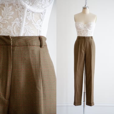 high waisted pants 90s vintage Talbot's tan brown houndstooth wool dark academia straight leg trousers 