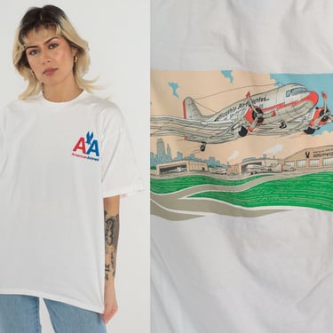 American Airlines Shirt 90s Airplane T-Shirt Flagship Airfreight Plane Graphic Tee Retro Flight Attendant TShirt White Vintage 1990s Large L 