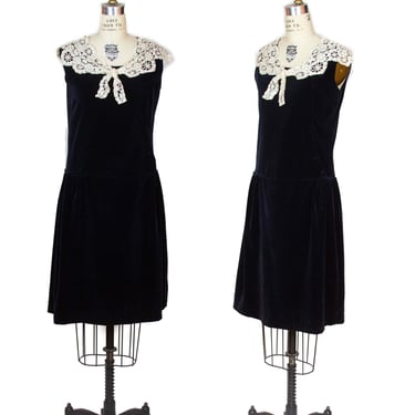 1920s Dress ~ Black Velveteen Flapper Dress with White Lace Collar 