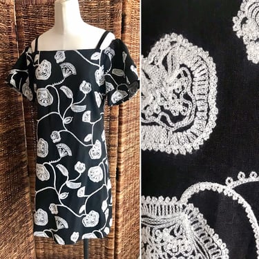 Vintage 90s Dress, Bare Shoulder, Embroidery, Black & White, Tahari, Size 6 US 