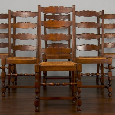 Vintage Country French Provincial Farmhouse Ladder Back Tiger Oak Rush Dining Chairs- Set of 6 