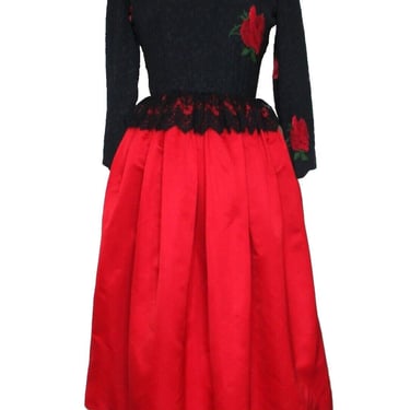 Evening Dress, Vintage William Pearson, XS/S Women, Fit & Flare, Black Lace, Red Satin Roses 