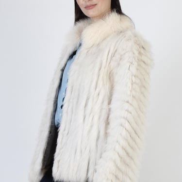 80s Saga Arctic Fox Fur Jacket, Off White Shawl Collar, Striped Velvet Corded Coat 