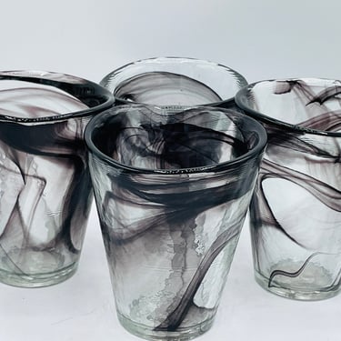 Set of Four Kosta Boda Purple Black Swirl MINE Ulrica Hydman Vallien UHV Glass Tumblers Lowballs 