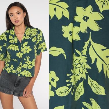 Tropical Floral Shirt 90s HAWAIIAN Blouse Green Button Up Vintage Surfer Vacation Short Sleeve Retro Top 1990s Lime Botanical Top Large L 