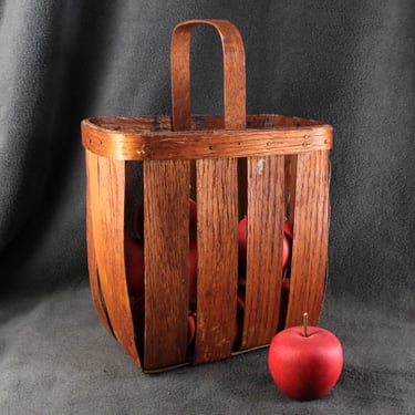 Vintage Slat Wood Tall Basket with Handle | Open Slat Basket | Unusual Shape - Tall Rectangular | Fruit Basket 
