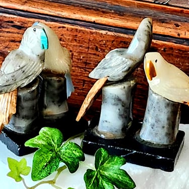 Carved Gemstone Birds~2 Vintage Parrot Figurines 