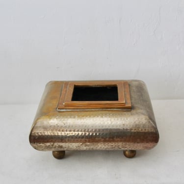 Vintage Post Modern Brass and Metal Hammered Square Planter Ball Feet Detail 