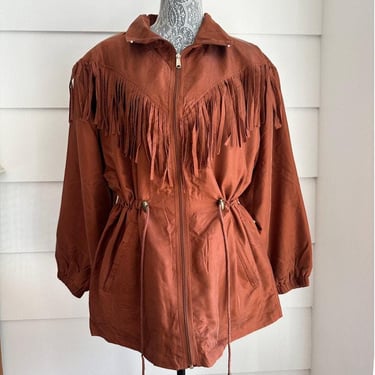 Vintage Brown Silk Jacket with Fringe 80s 90s Western Boho size M 