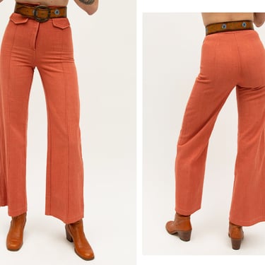 Vintage 1970s 70s Coral Salmon Pink High Waisted Cotton Flared Pants Trousers Slacks 