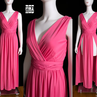 Insanely Gorgeous Vintage 60s 70s Bright Pink Draped Style Maxi Dress with High Leg Slits 