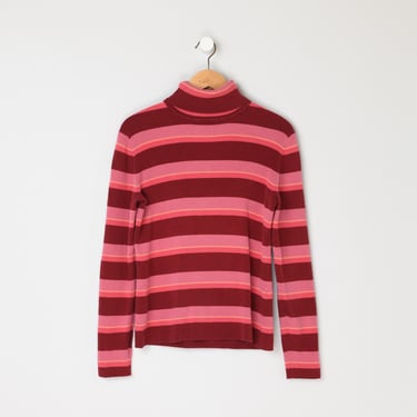 Vintage 90s Light & Dark Pink Striped Ribbed Turtleneck - made in UK - Women's L 