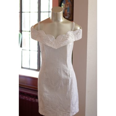 Vintage Wedding Dress - 1980s - Jacquard Damask - Off the Shoulder - Reception, Elopement, Bachelorette Party - Short Wedding Dress 