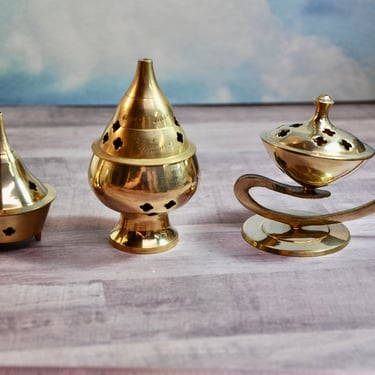 3 Vintage NEW Brass Incense Burners Solid Brass Beautiful Mint Condition Wonderful Gift Home or Office Decor Collectible Set of Three 