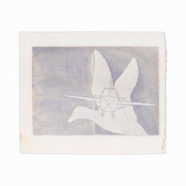 Vintage Etching on Paper White Dove and Plane Blue 