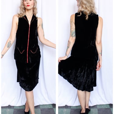 1930s Black Silk Velvet Zippered Tunic & Skirt Set - Xsmall 