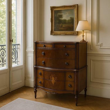 Antique Inlaid Highboy Dresser  Curved Front, Marquetry Detail, | Mod Haus  - Rancho Cucamonga, CA | ATTIC