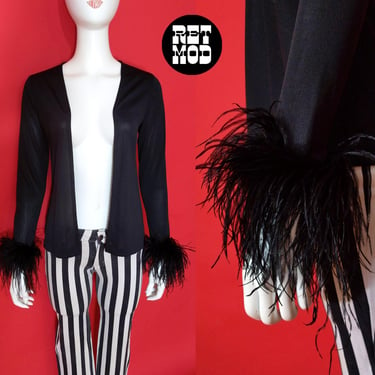 Fabulous Vintage 70s Black Poly Cardigan with Marabou Feather Cuffs 