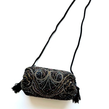 Vintage 80s 90s Beaded Black Silver Ball Round Crossbody Bag Purse 