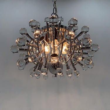 Unique Italian Space Age Chrome & Crystal Glass Chandelier, 1970s / Italian Design / Mid-Century Modern / Vintage Lighting 