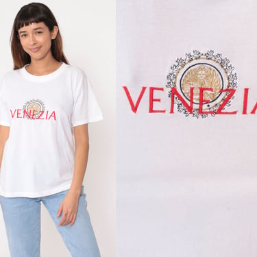 Venezia Shirt 90s Venice Italy T Shirt Gold Embroidered Lion Crest Graphic Tee Retro Tourist Italia Travel Top Vintage 1990s White Small S 