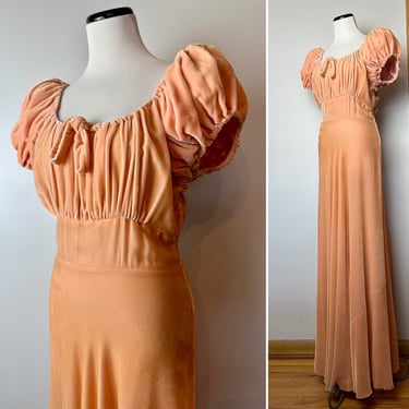 1930’s Velvet gown~ Bias cut floor length light Coral color Puffed sleeves empire cut~ruching~ all the glitz and glam~Size M 28”w 