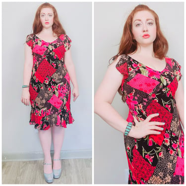 1990s Vintage Pink and Red Patchwork Bias Cut Dress / 90s Floral Flutter Sleeve Wiggle Dress / Small - Medium 