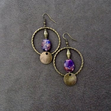 Hoop earrings, antique bronze abstract earrings, purple earrings, bold statement earrings, artisan unique modern, imperial jasper earrings 2 
