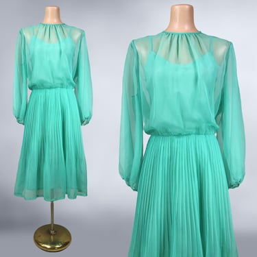 VINTAGE 70s Sea Glass Green Knife Pleated Chiffon Dress | 1970 Sheer Sleeve Disco Dress and Slip | 2 Piece Bohemian Fairy Stevie Nicks | vfg 