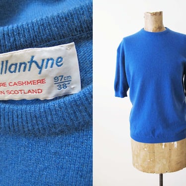Vintage Ballantyne Cashmere Short Sleeve Sweater Shirt M L - Blue Knit Soft Cashmere Blouse - Solid Color - Minimalist Mod Preppy 