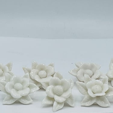 Vintage set of 8 I W Rice Irice White Porcelain Flower Name Place Card Holders Japan 