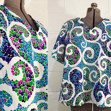 Vintage Colorful Top 70s 1970s Abstract Mod Design Dopamine Dressing Short Sleeved Plus XXL 2X 3X 2XL 3XL 1X 1XL Curvy Volup 