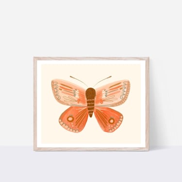 Whimsical Peach 8 X 10 Moth Art Print/ Folk Art Woodland Butterfly Illustration/ Minimalist Wall Decor/ Nursery or Children's Room Decor 